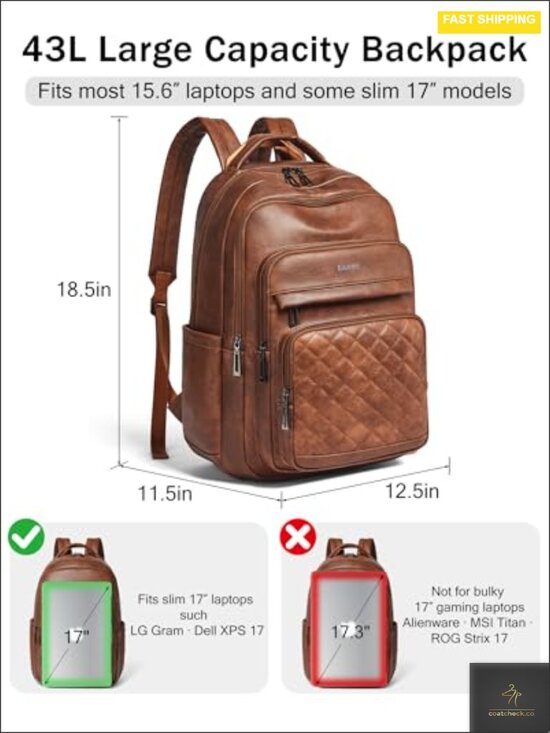 43L Laptop Backpack with 10 Pockets, Vegan Leather, Padded Straps for Work